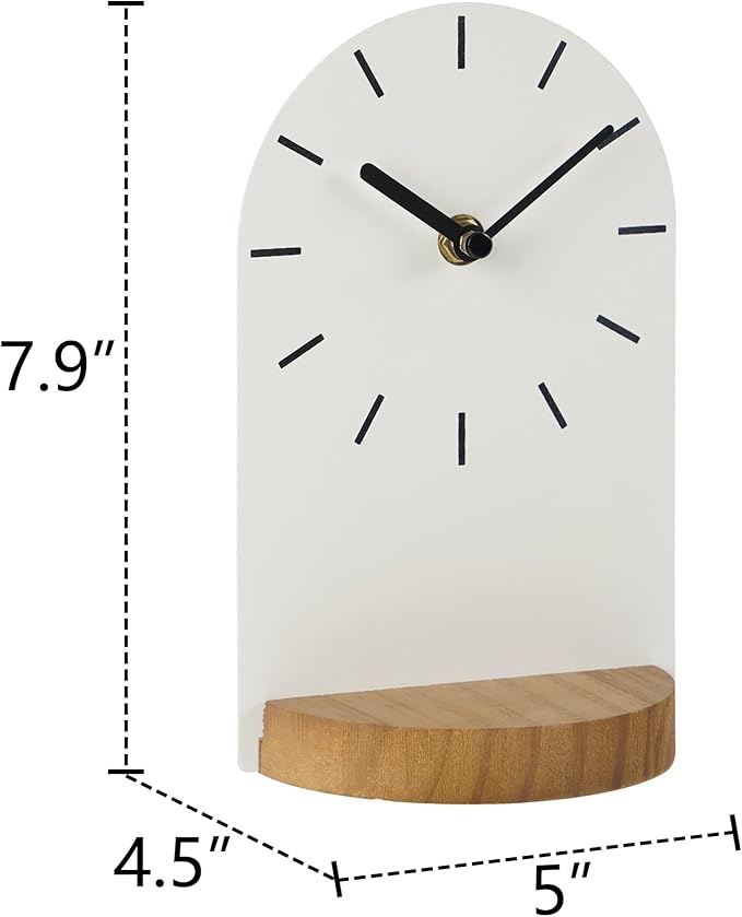 SOFFEE DESIGN One-Piece Table Clock Iron Sheet with Wooden Base Ins Style, Desktop Clock Non Ticking Battery Operated for Living Room Bedroom Home Decor, White