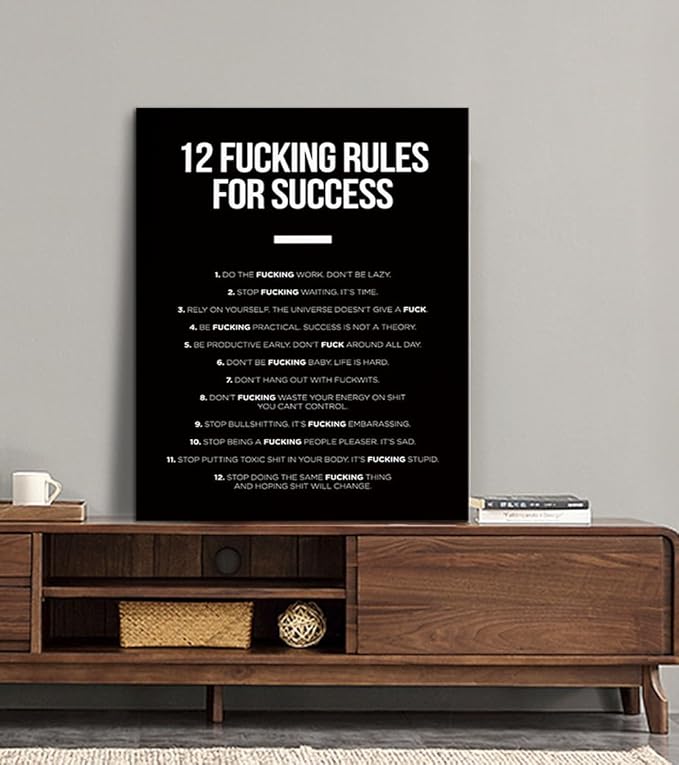 Motivational Office Decor 12 Fucking Rules for Success Canvas Poster Print Black and White Inspirational Wall Art for Living Room Bedroom Framed Ready to Hang 18x24 inch