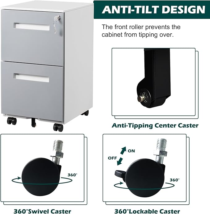 2 Drawer Mobile File Cabinet with Lock & Wheel, Under Desk Rolling Vertical Filing Cabinet, Anti-Tipping Design Metal Storage Cabinet for Legal, Letter, A4 (Gray)