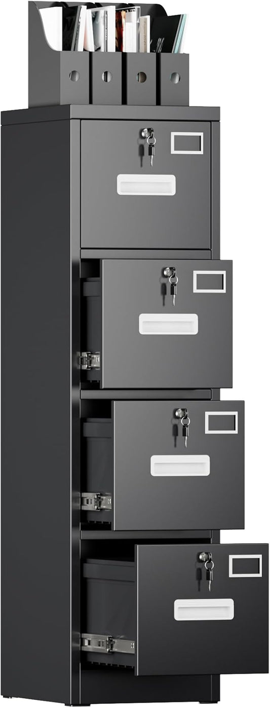 Metal Vertical File Cabinet with Lock,File Storage Cabinet with 4 Drawer for Letter,Legal,F4,A4,14.96" W x 17.72" D x 55.2" H, Assembly Required,Black