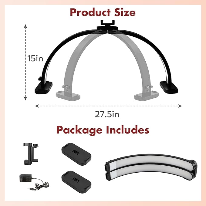 FAHKNS Half Moon Light for Nail Desk with Phone Holder, Upgraded 28-inch Foldable Half-Moon Lamp, LED Light for Manicure, Eyelash Extension, Tattooing, Craft, Black