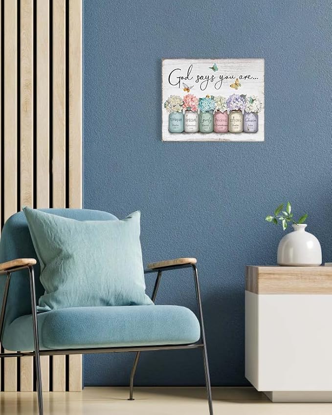 Inspirational Bible Verse Wall Art: God Says You Are Wall Sayings Flowers in Mason Jar Picture Print Christian Gift Quotes Poster for Women Girl Bedroom Decor 12" x 15"