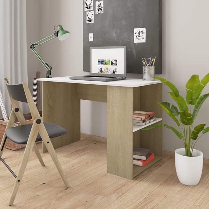 Modern Writing Desk Table with 2 Shelves, Study Computer Desk for Home, White and Sonoma Oak 43.3"x23.6"x28.7" Engineered Wood