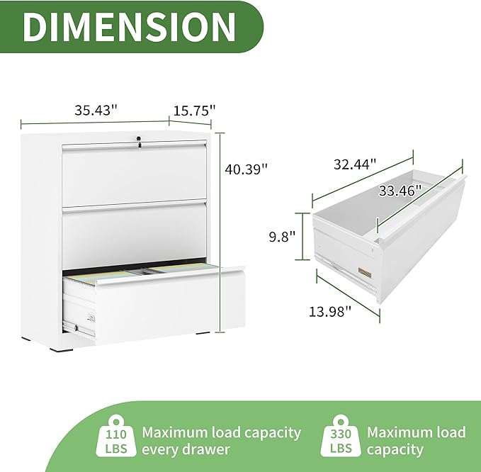 3 Drawer File Cabinet,Metal Lateral Filing Cabinet with Lock,Home Office Storage Organizer Cabinet for Legal/Letter/A4/F4 Size Files,35.5" W,White