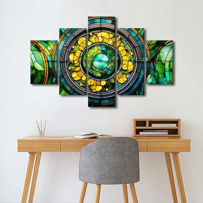 Canvas Wall Art Abstract Canvas Wall Art Decor Green Yellow Brown Canvas Artwork 5 Panel Living Room Decor for Native Americans Bedroom Home Wall Decor Stretched and Framed Ready to Hang 60x40 in