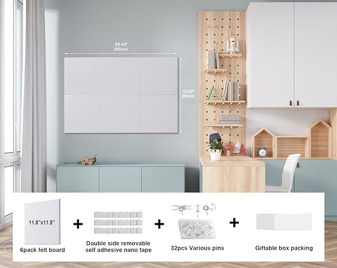 Felt Wall Tiles Bulletin Board Large Cork Board Alternative 6 Pack 11.81”x11.81”x0.47” Felt Pin Board Tack Board with Safe Removable Adhesive Tabs for Home Office School 36x24 (White)