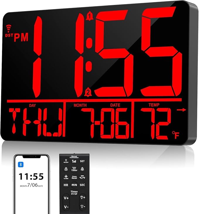 13" Bluetooth Auto Sync Wall Clock - Large Digital Alarm Clock with Remote, 25 Ringtones, Dual Alarm, Adjustable Brightness, 12/24H, Auto DST, for Living Room, Kitchen, Office, Elderly（Red）