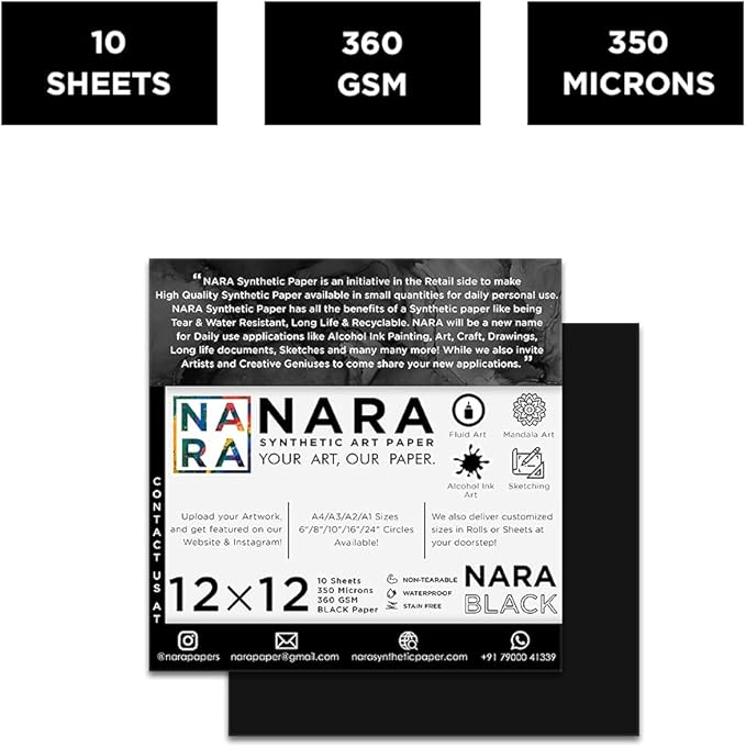 Nara Alcohol Ink Paper | Black, 12 x 12 inches, 350 Microns/360 GSM, Medium+, 10 Sheets, Stain-Free