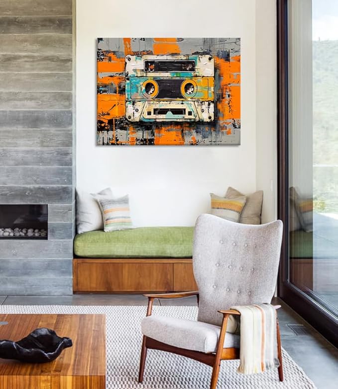 Tape Cassettes Graffiti Wall Art, Large Colorful Framed Canvas Prints Wall Art for Bathroom Bedroom Office Living Room,Pop Culture Abstract Wall Painting Stretched and Framed 18"X24"