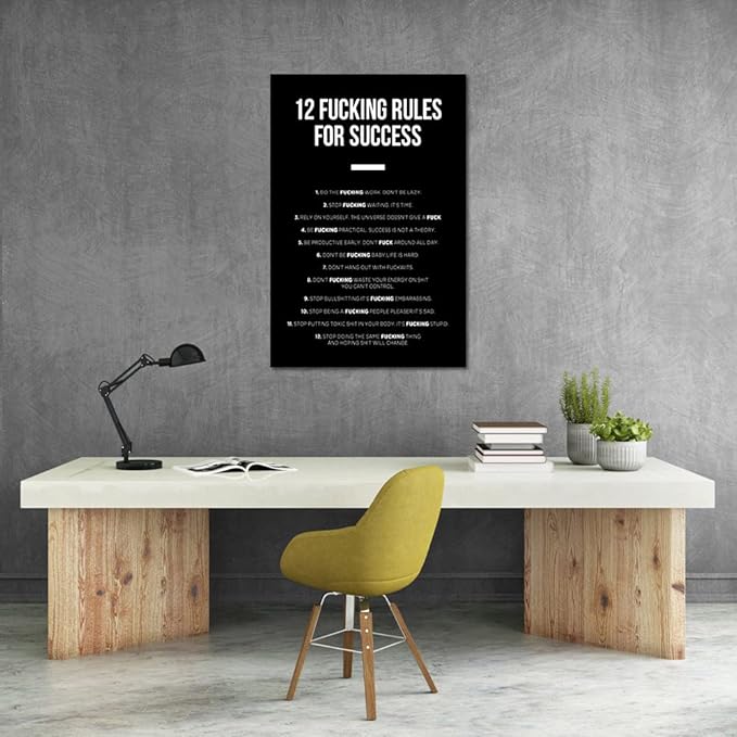 12 Fucking Rules for Success Entrepreneur Quotes Art Black and White Motivational Office Art Success Wall Art Inspirational Wall Decor Painting, Framed 24" x 36"