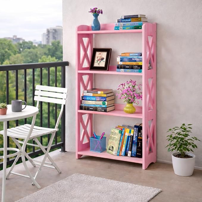 Pink Bookcase by Natural Wood, 4 Tier Bookshelf, Small Book Shelves Freestanding Display Storage Shelves. Open Bookshelf for Bedroom, Living Room and Office (Pink, 4 Tier)