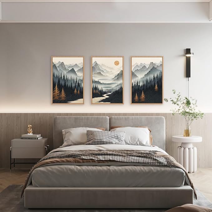 Ausril Watercolor Misty Forest Framed Canvas Wall Art Set, Foggy Mountain Wall Decor, Misty Pine Tree Wall Painting, Large Nature Landscape Art Prints for Living Room, Bedroom, Office - 24"X36"X3