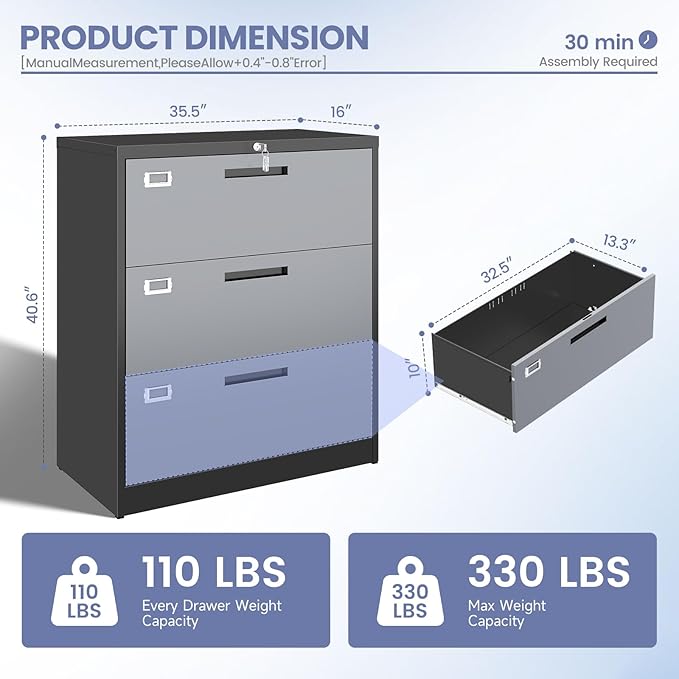 Metal 3 Drawer Lateral File Cabinet with Lock, Wide&Deep Filing Cabinet for Letter/Legal/F4/A4 Hanging Files, Includes Business Card Holder, Home Office School Storage
