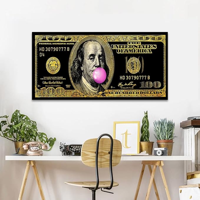 Large Size 1 Big Panel Motivational Money Art Print Dollars Canvas wall Decor for Men Abstract Creative Funny Franklin 100 Dollar Money Art Modern Home Office Wall Decorations Easy to Hang-48"Wx24"H