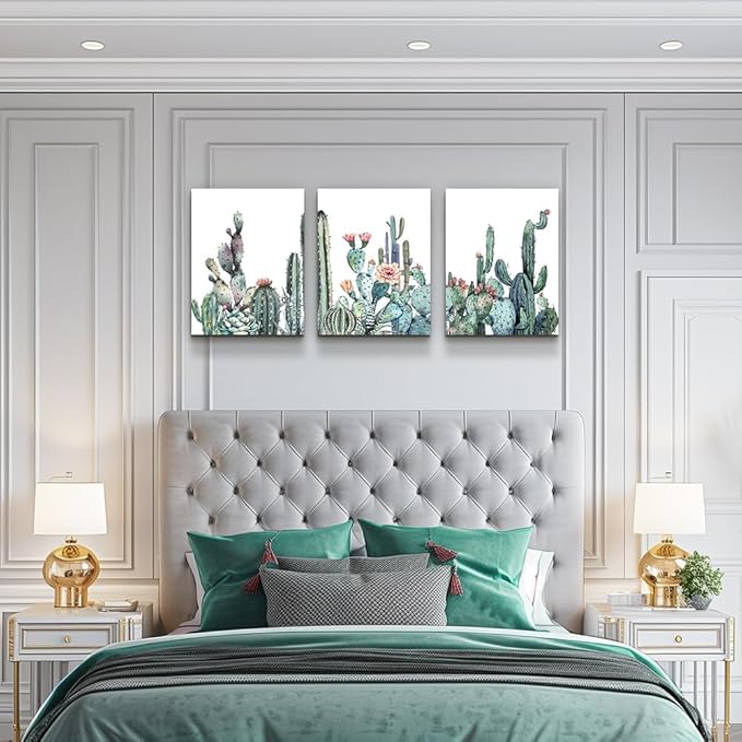 Canvas Wall Art for bedroom living room Canvas Prints Artwork bathroom Wall Decor Green plants Succulent cactus flower painting 12" x 16" 3 Pieces modern Framed Ready to hang Office Home Decorations