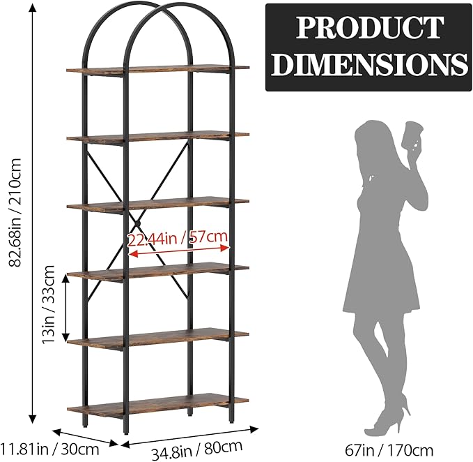 6 Tier Bookshelf, 83" Tall Arched Bookcase, Tall Book Shelf with Metal Frame, Industrial Display Standing Shelf for Living Room, Home Office, Bedroom, Brown