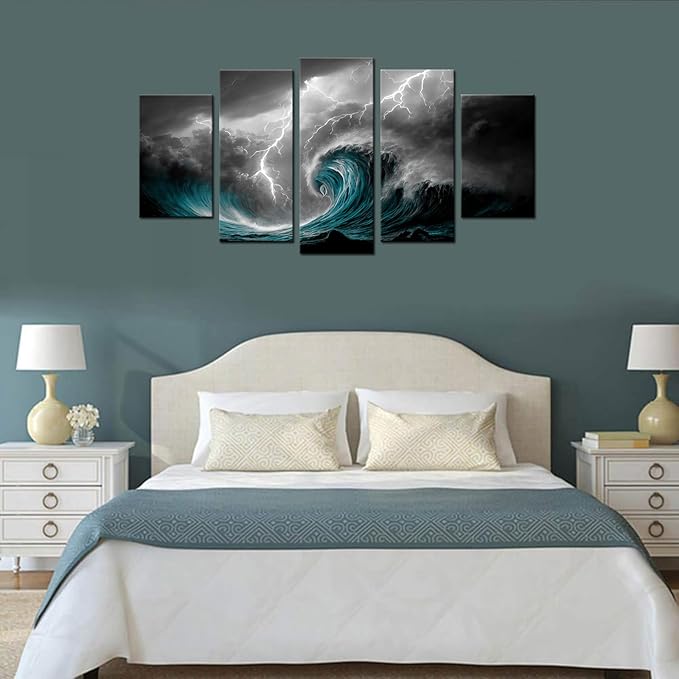 Biuteawal 5 Panel Black White Canvas Print Storm Sea Wall Art Blue Ocean Wave Seascape Pictures Nature Lightning Artwork Cool Nature Painting Poster Prints Stretched Framed Modern Home Living Room