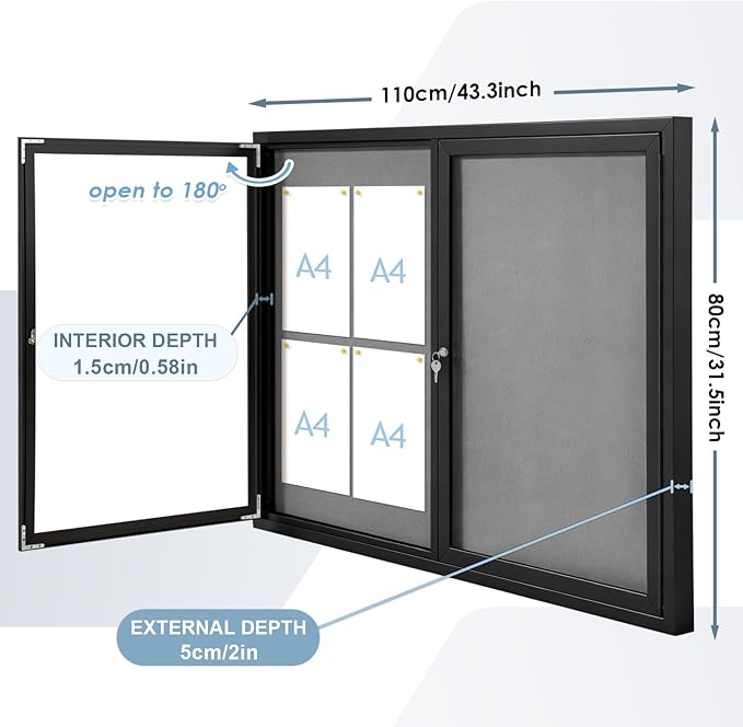 Enclosed Bulletin Board Outdoor Noticeboard with Locking Door, Weather-Resistant, Grey Felt, Black Aluminum Frame, 43 x 31 in