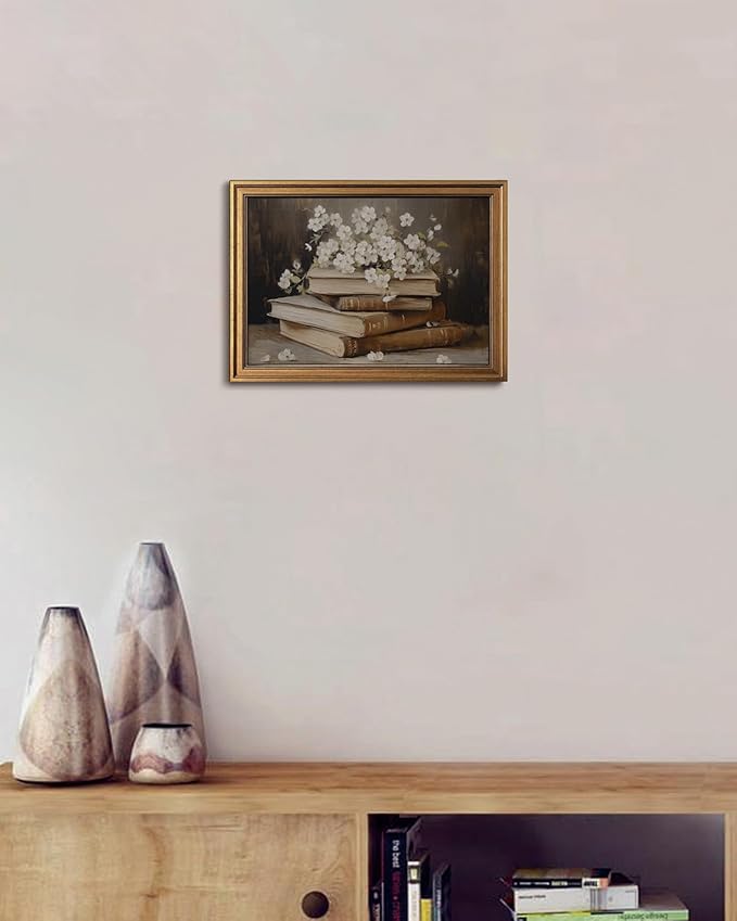 Gold Framed Wall Art Vintage Canvas Wall Art Moody Books and Flowers Dark Academia Decor Artwork Prints Picture for Living Room Bedroom Farmhouse Bathroom Office Decor, 16x24