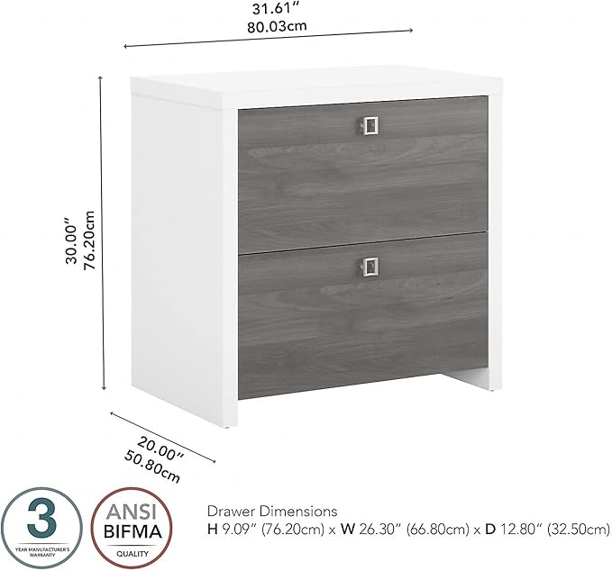 Bush Furniture Lateral File Cabinet with Satin Silver Hardware | Echo Collection 2 Drawer Filing Unit for Home Office or Professional | 31Wx20Lx30H