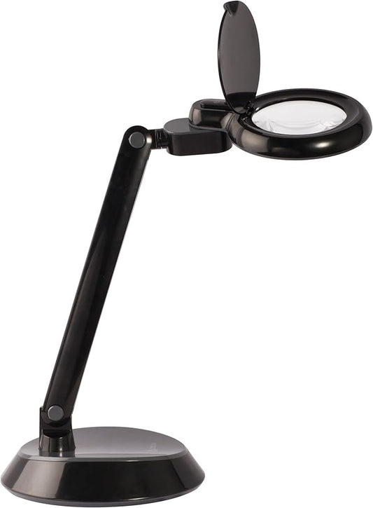 OttLite Space Saving Magnifier LED Desk Lamp, Optical Grade Magnification, Adjustable Arm, Pivoting Head, Portable to Travel, for Crafting & Needlework, Magnifying Glass with Light and Stand, Black