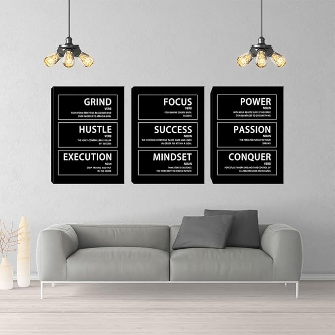 Yetaryy Motivational Wall Art - Hustle Grind Execution Quotes - 3 Piece Inspirational Success Mindset Wall Art Poster Canvas Office Decor - 36" W x 16" H