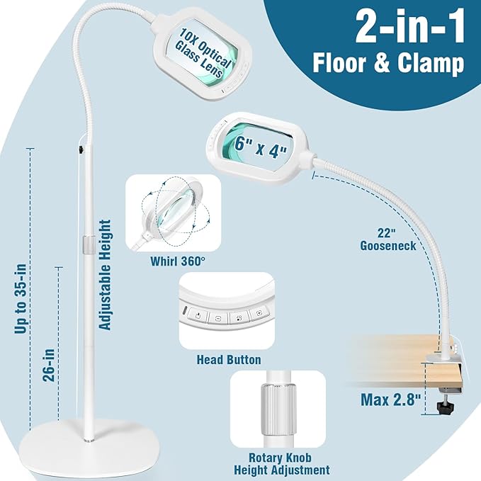 Large Magnifying Glass with Light and Stand, 10X Rectangle Optical Real Glass Lens, Height Adjustable Gooseneck Magnifier Floor Lamp, 5 Color Modes LED Dimmable Lighted Hands Free for Crafts - White