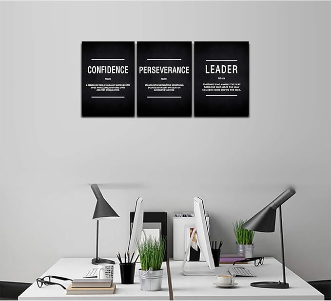 KAWAHONE Motivation Wall Poster Framed, Inspirational Leader Confidence Perseverance Quotes Canvas Wall Art Positive Picture Background Success Wall Hanging for Home Office Workplace 12" Wx16 Hx3Pcs