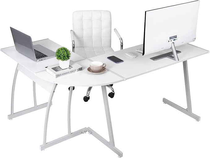 SUPER DEAL L-Shaped Corner Desk Computer Gaming Desk - Modern Home PC Table Office Writing Workstation, White