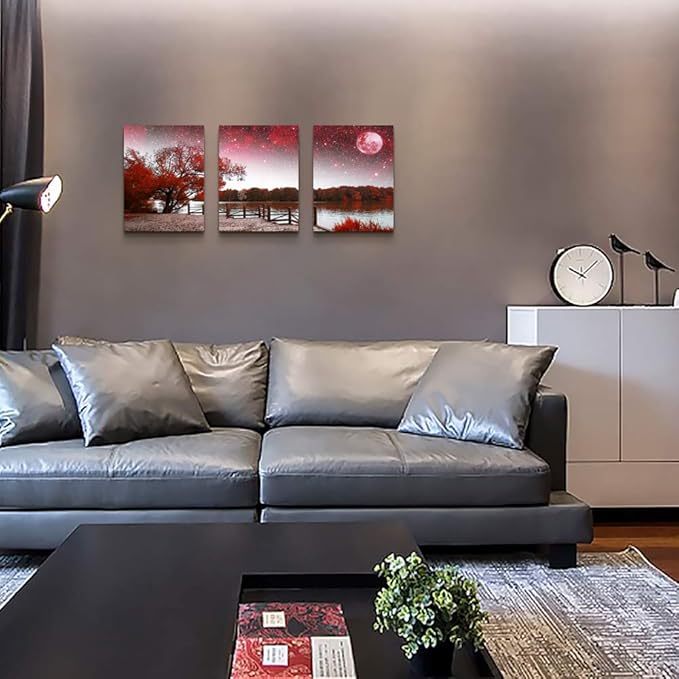 Wall Art Decor Poster Living Room abstract Red Tree Moon Starry Sky Landscape Painting Bathroom Wall Decor Bedroom Canvas Prints 3 Piece Picture Works Ready to Hang Office Home decoration Artwork