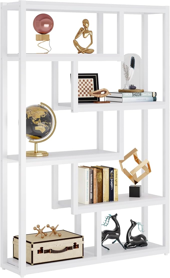 Tribesigns Way to Origin 6-Shelf Industrial Bookshelf, Modern Etagere Bookcase, 69 Inch Tall Storage Display Staggered Shelves with Sturdy Metal Frame for Home Office, White