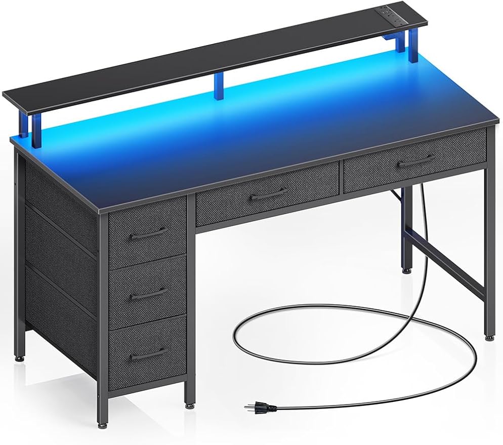 Seventable Computer Desk with Power Outlets & LED Light, 55 inch Home Office Desk with 5 Drawers, Writing Desk with Monitor Stand, Work Desk for Home Office, Black