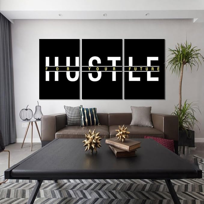 Set of 3 Large Wall Art for Office Decor Motivational Hustle Canvas Print Inspirational Quotes Wall Decor Black and White Inspiring Words Painting Modern Artwork Framed Poster for Home, 24" x 36" x 3