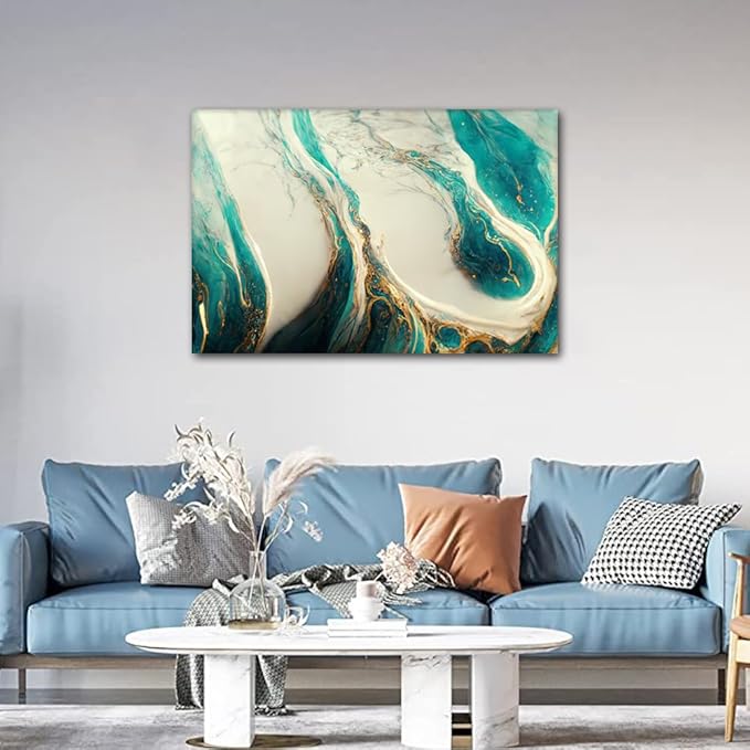 Canvas Wall Art for Living Room Modern 1 Panel Canvas Art Abstract Marble Texture Picture Printing Gold and Teal Poster Prints for Lady Bedroom Office Wall Decor Stretched Ready to Hang 36x24 in
