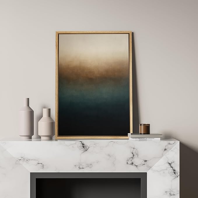 SIGNFORD Framed Canvas Print Wall Art Vertical Ombre Gradient in Beige Brown Teal and Black Illustrations Modern Art Decorative Relax/Zen Nordic for Living Room, Bedroom, Office - 16"x24" Natural