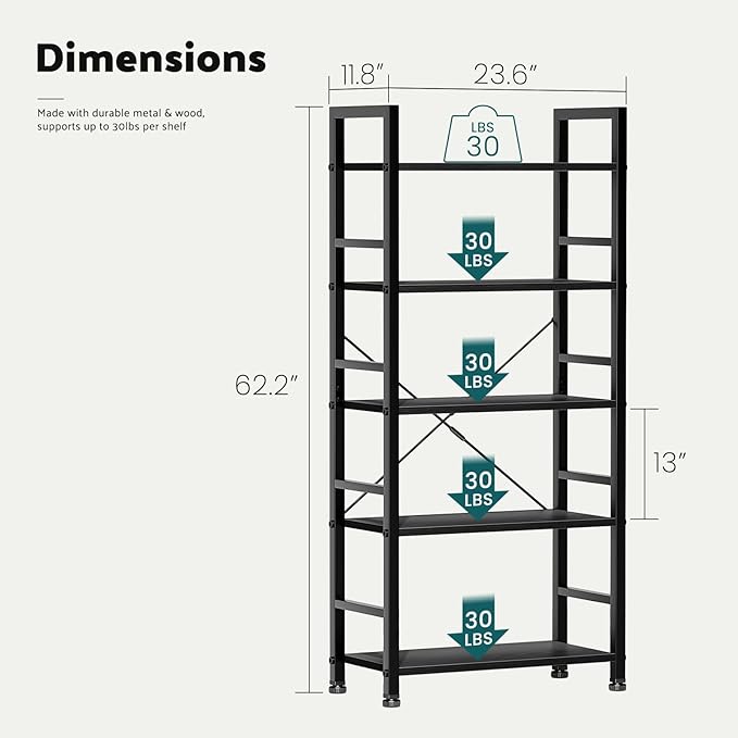 NEWBULIG Book Shelf 5 Tier Modern Bookcase Sturdy Metal Storage Organizer Books/CDs/Magazines Industrial Open Display Shelf for Bedroom Home Office Kitchen Living Room