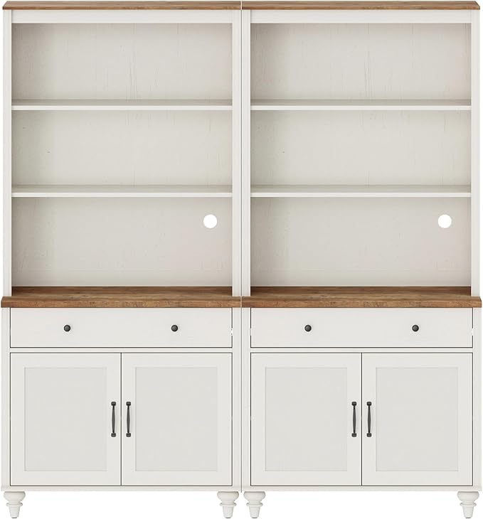 WAMPAT White 5 Tier Bookcase 72" Tall Bookshelf with Barn Doors, Farmhouse Large Display Book Shelf with 2 Drawers and Storage Cabinet, Morden Library Wood Bookshelves for Living Room,Kitchen, (2PCS)