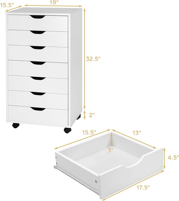 7 Drawers Filing Cabinet, Vertical File Cabinet for Home Office, Mobile Under Desk Office Storage Cabinets with Wheels (White, 7 Drawers)