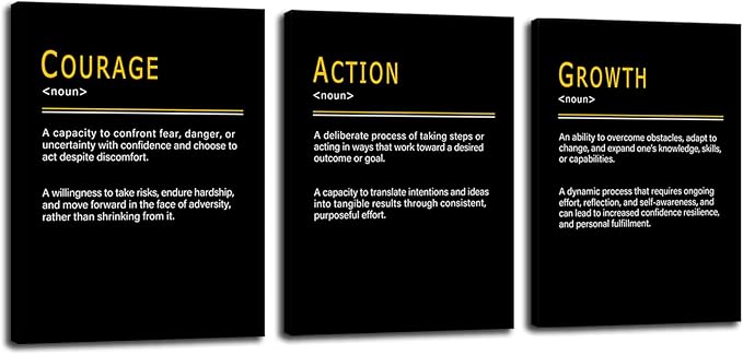 Motivational Wall Art COURAGE ACTION GROWTH Noun 3 Pieces Positive Poster Promote Personal Progress Inspirational Wall Decor Painting Modern Artwork for Office Home Bedroom Workplace [36''Wx 16''H]