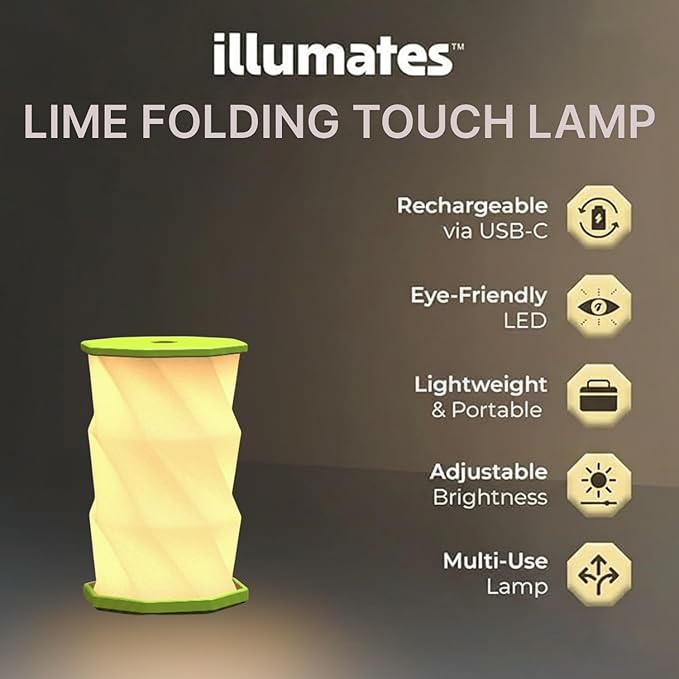 Origami Expanding Foldable LED Desk Lamp – USB Rechargeable & Portable - Dimmable Touch Control Light with Adjustable Height up to 5 1/2 for Office, Travel, Bedside - Sleek & Modern Design (Lime)