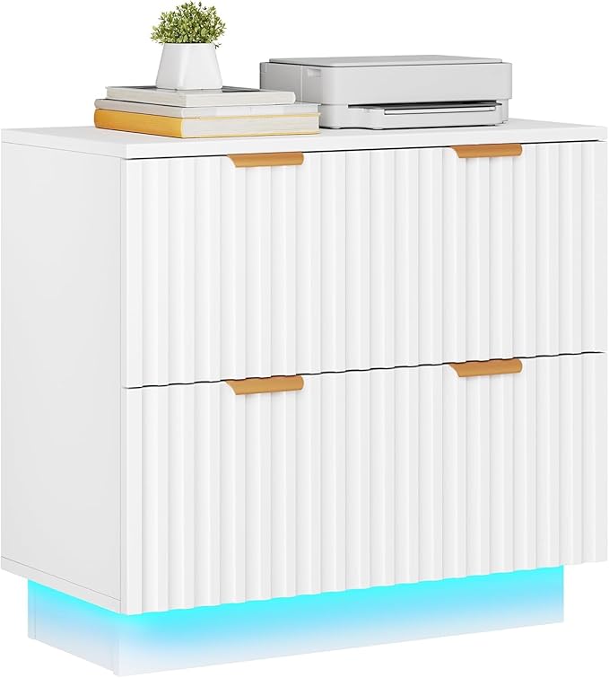 DWVO 2 Drawers File Cabinet with Led Light, Filing Cabinet Large Lateral File Cabinets for Home Office, White