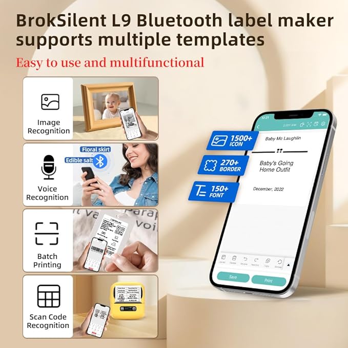Label makers, 2-3 Inch Thermal Bluetooth Label Printer L9 Barcode Printer Mini Label Maker Easy to Use for Barcode,Address,Retail,Small Business,Shipping,Office,Clothing,Mailing(with 1 Roll Label)