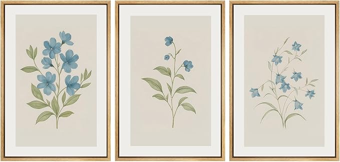 SIGNWIN Framed Canvas Print Wall Art Set Blue Floral Botanical Vintage Wildflower Illustrations Modern Art Decorative Nordic Abstract for Living Room, Bedroom, Office - 16"x24"x3 Natural