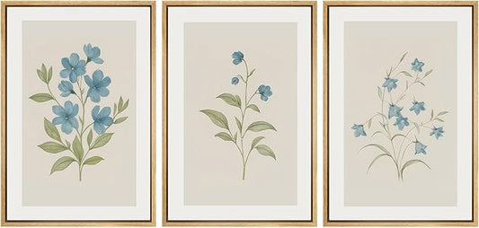 SIGNWIN Framed Canvas Print Wall Art Set Blue Floral Botanical Vintage Wildflower Illustrations Modern Art Decorative Nordic Abstract for Living Room, Bedroom, Office - 24"x36"x3 Natural