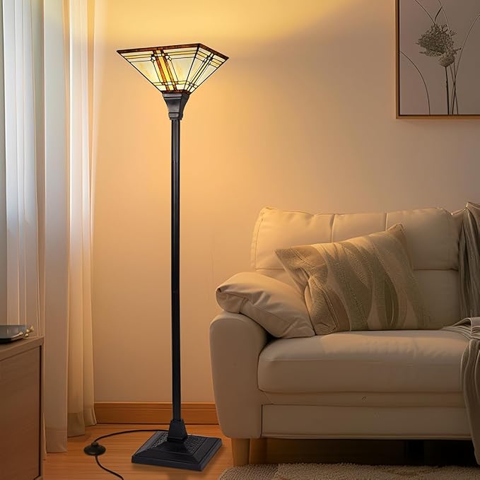 Capulina Tiffany Lamp Stained Glass Torchiere Floor Lamp 69 Inches Tall Industrial Pole Cream Color Mission Tiffany Style Standing Floor Lamp for Home Office Living Room Bedroom