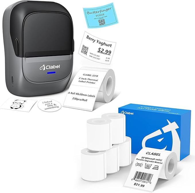 CLABEL Label Maker Machine with Tape 221B Inkless Label Printer Include 6 Rolls 50 * 80mm Labels Paper Handheld Barcode Printer for Retail School Office Organization Label Makers with APP Gray
