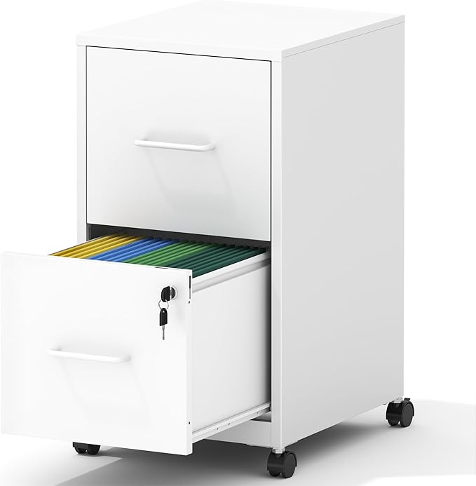 2-Drawer Mobile File Cabinet with Lock & Wheels,Under Desk File Cabinets for Home Office,Steel Rolling Cabinet for Legal/Letter Files(White)