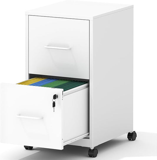 2-Drawer Mobile File Cabinet with Lock & Wheels,Under Desk File Cabinets for Home Office,Steel Rolling Cabinet for Legal/Letter Files(White)