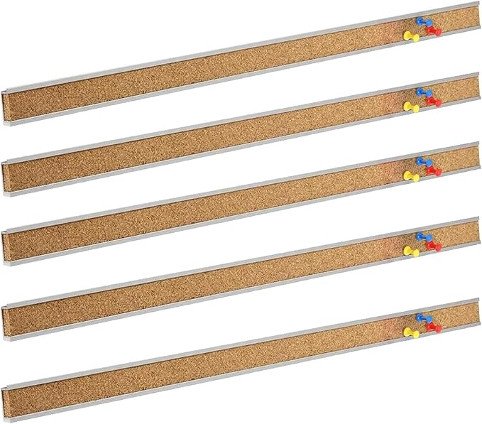 Corksidol Bulletin Bar Strip, Cork Board, Cork Strips, 24" x 1", Classroom, Office, Walls, Cubicle, Aluminum Frame,5 Pack, Silver