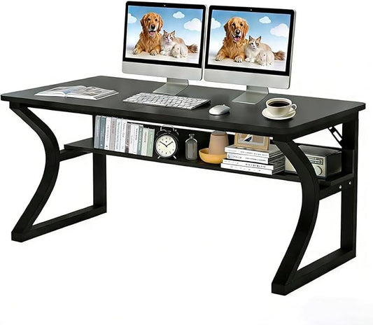 Computer Desk, 47'' Home Office Desks with Storage, Computer Desk with Metal Frame for Home Office Bedroom, Study Writing Desk with Shelf, Work Table for Small Spaces, Wood Desks with Cable Management